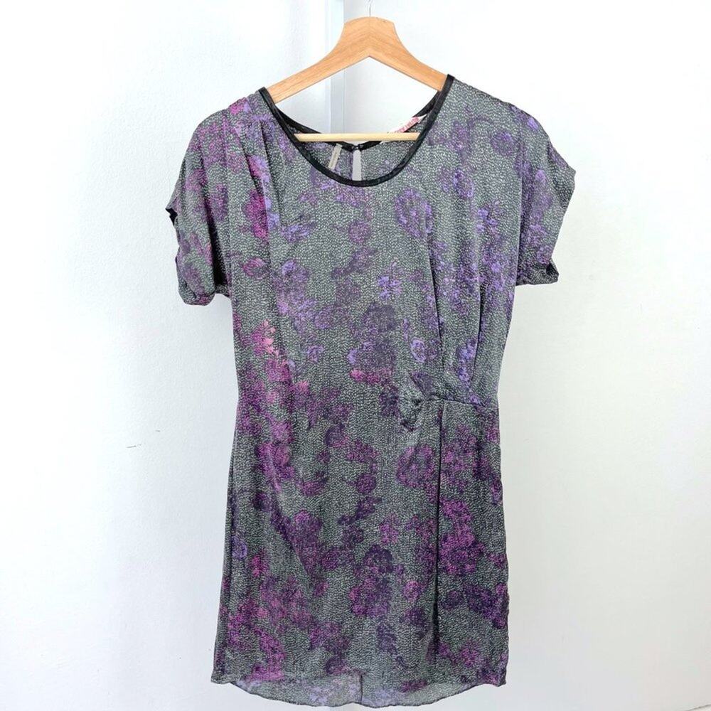 Rebecca Taylor Size 2 Silk Mini Dress Leather Trim Short Sleeve Gray Purple